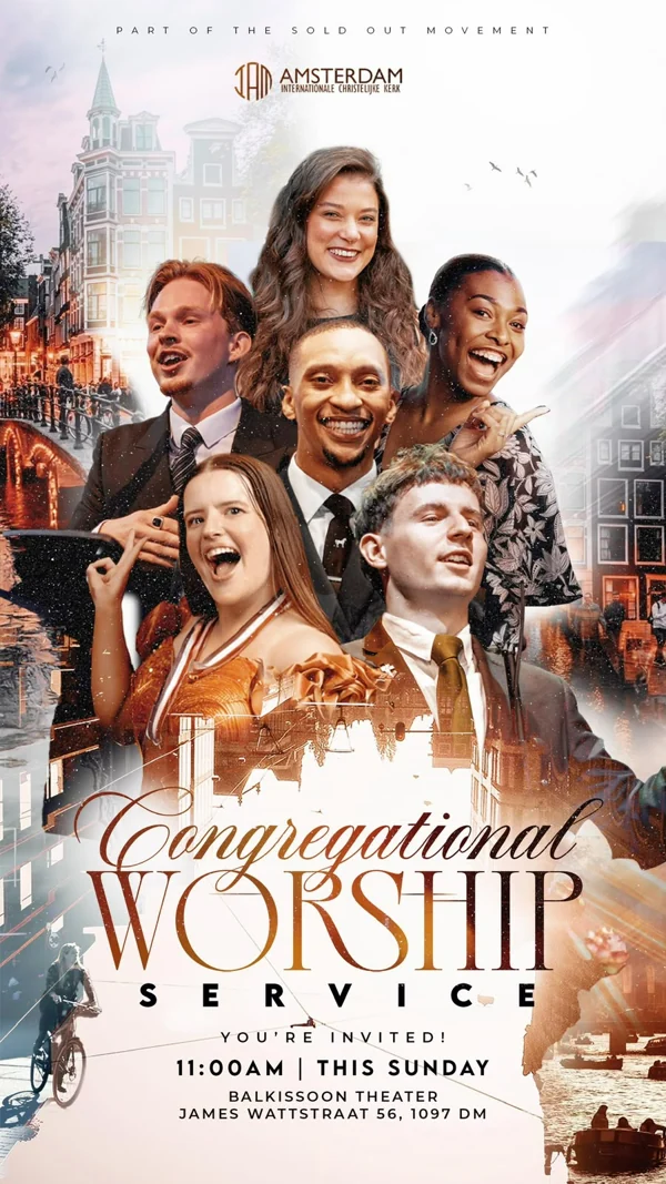 Invitation to the Congregational Worship Service, Sunday at 11:00, Balkissoon Theater, James Wattstraat 56, Amsterdam.
